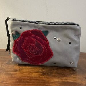 Elegant Gray Cosmetic Bag with Red Rose Embroidery Laurel Dasso